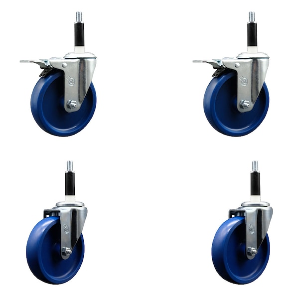 5'' Solid Poly Swivel 7/8'' Expanding Stem Caster Set 2 Total Lock Brakes, 4PK